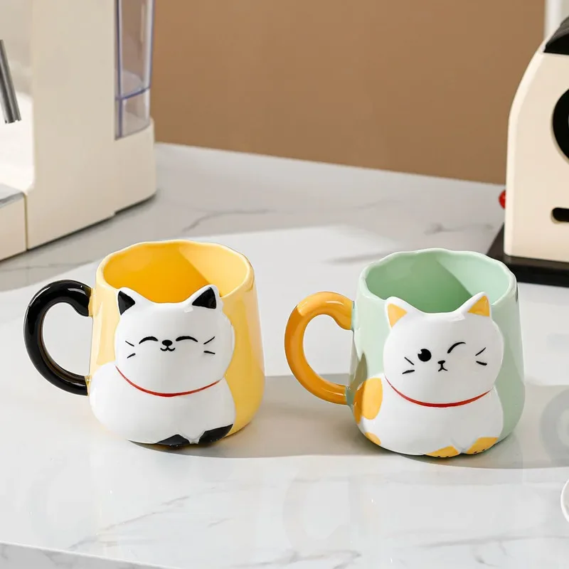 Cartoon 3D Embossed Ceramic Cup Cute Cat Coffee Milk Tea Breakfast Handle Cup Tableware Novelty Gift Home 500ml Mug