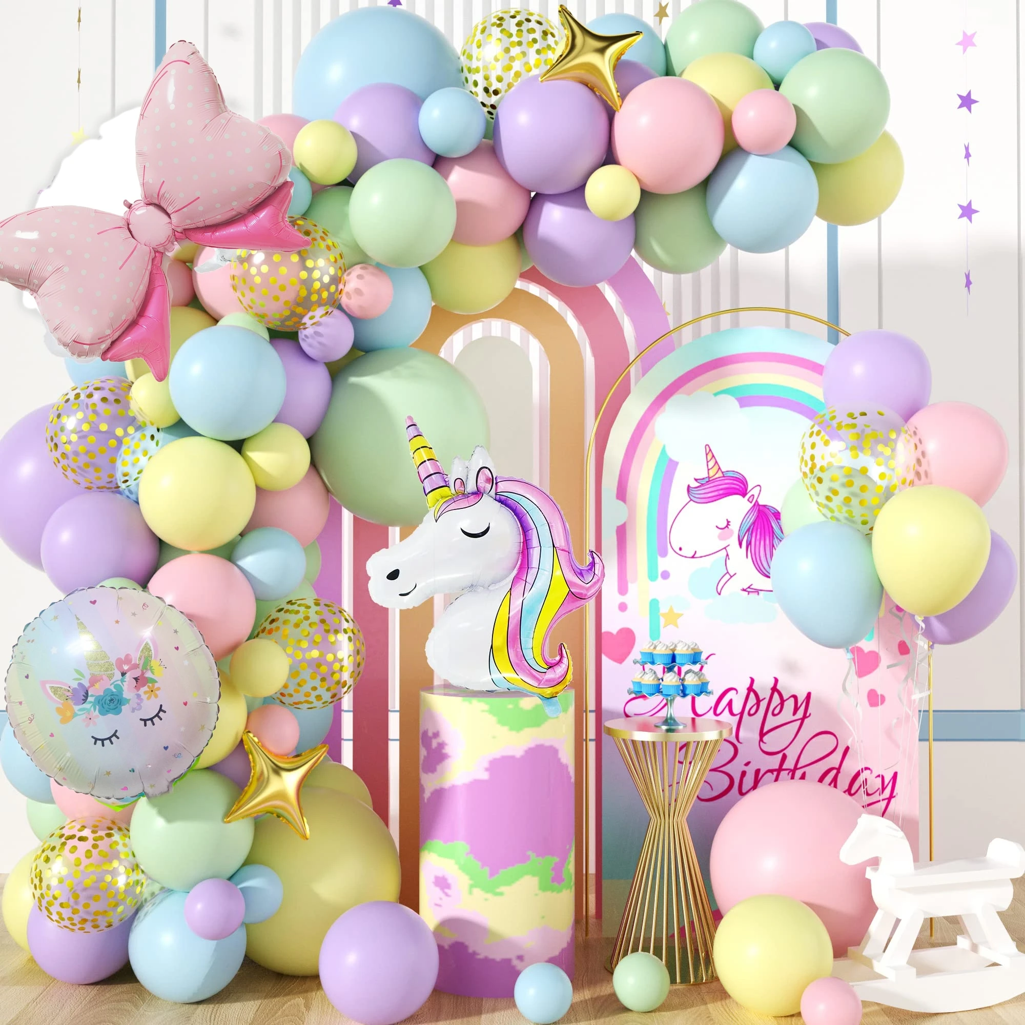 120pcs Macaron Colorful Unicorn Bow Foil Balloon Garland Arch Set, Girls Princess Birthday Baby Shower Wedding Party Decoration