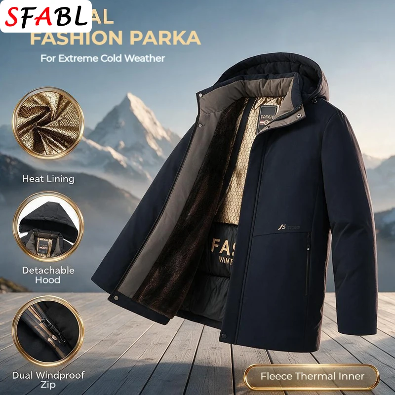 Removable Hood Jacket Men Winter Warm Fleece Lining Parka Men Snowboard Winter Jackets for Men Thermal Heavy Coat Hiking Male