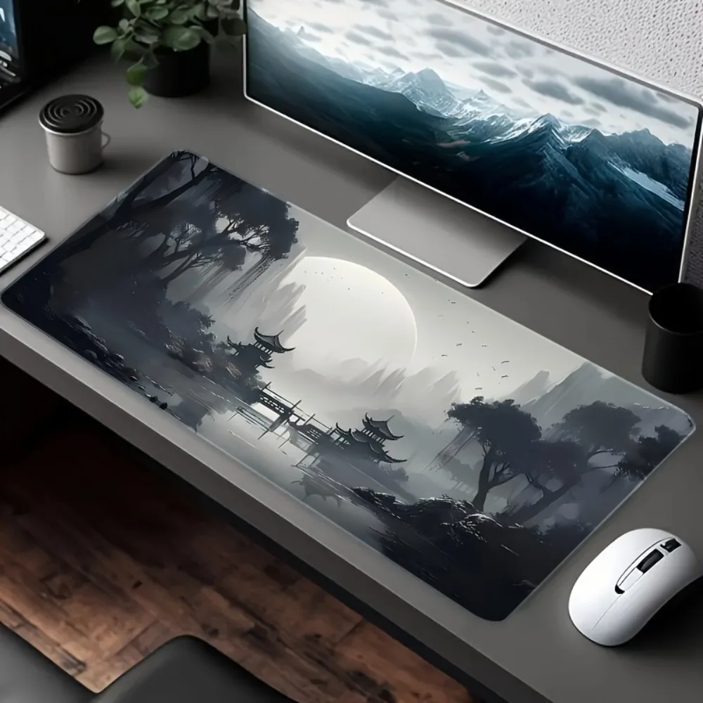 CIFBUY Japanese Moon Tower Mouse Pad XXL Gaming Desk Mat Night Scenery Non Slip Rubber Base Stitched Edge Office Home Decor