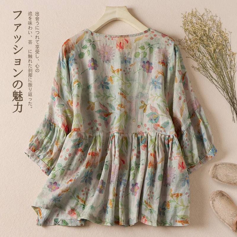 Summer Korean Style Maternity Cotton Linen Shirts Button Fly Half Sleeve O-Neck Pregnant Woman Floral Blouses Pregnancy Clothes