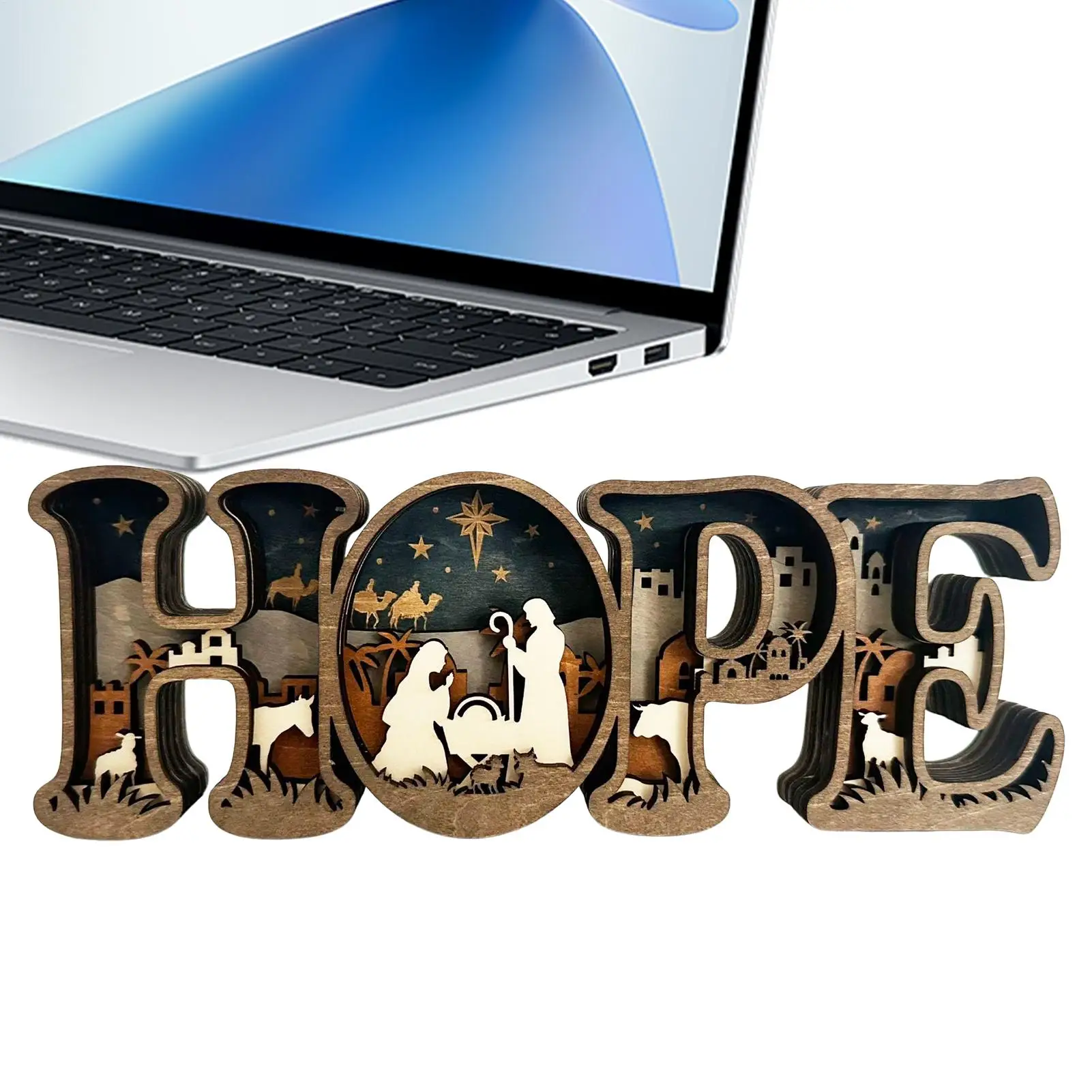 3D Wooden HOPE Letters Home Decor Nativity Manger Lamp Jesus Birth Horse Trough HOPE Alphabet Desktop Wooden Ornament