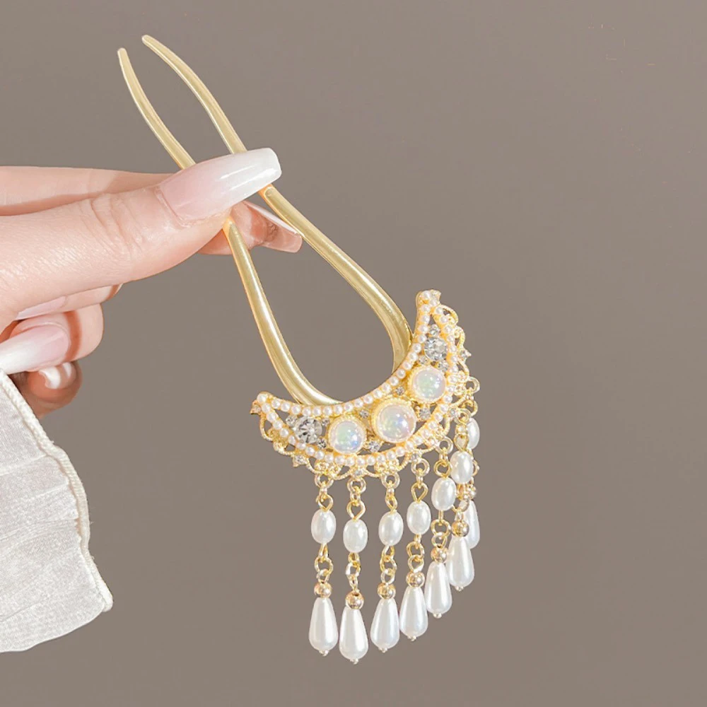 1pc U Förmigen Haar Sticks Gabeln Perlen Quaste Anhänger Dekor Alten Chinesischen Stil Haar Brötchen Maker Glänzenden Strass Designs – Detail 5