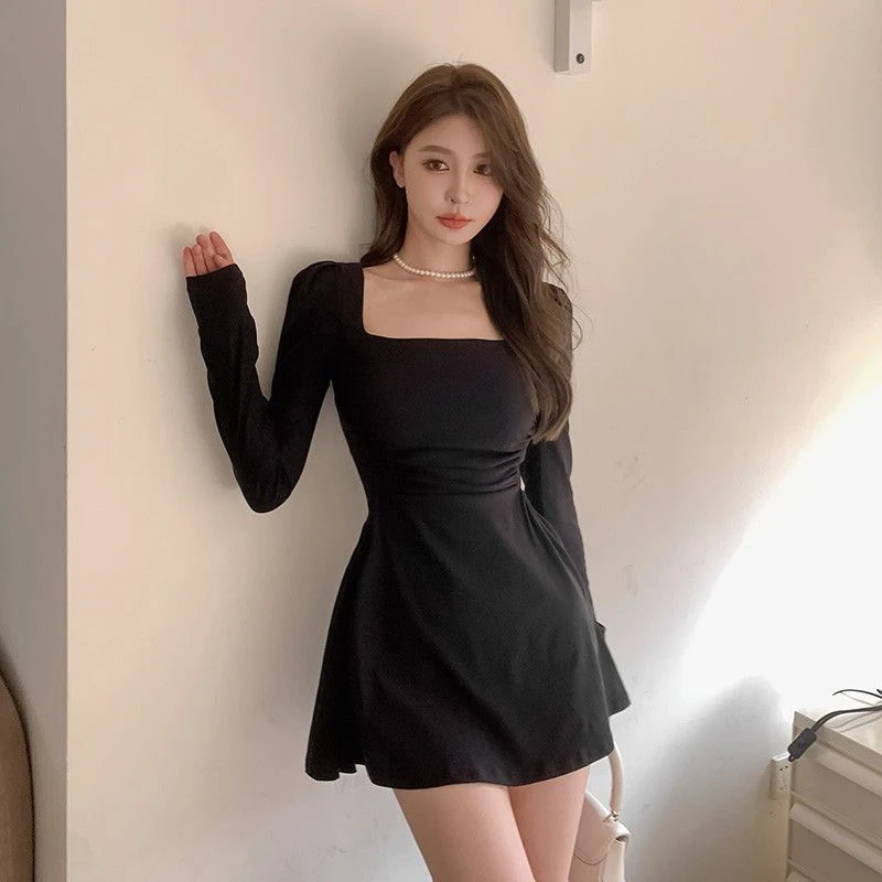 

Hot Sale Women Thin Long Sleeve Dress Girls Classic Designer Slime Fit Thin Skirt Lady Korean Elegant A-line Dress