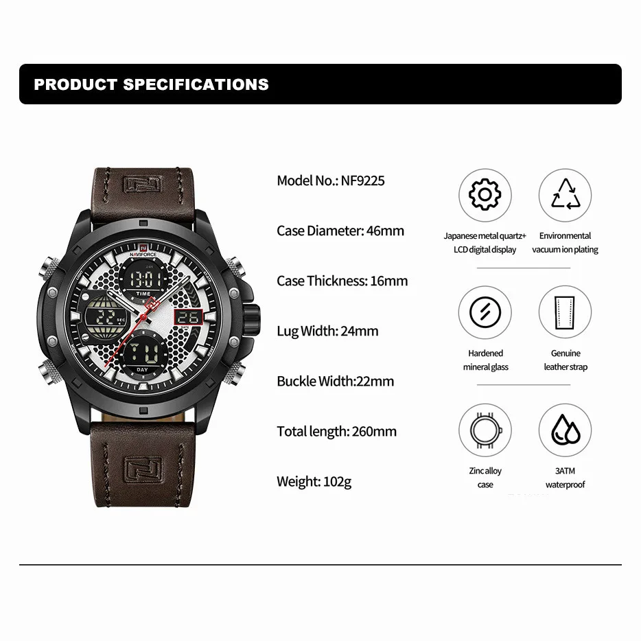 Naviforce relógio masculino esportivo pulseira de couro duplo à prova d'água relógios de quartzo led calendário luminoso relógio digital para homens reloj