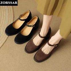 Retro Mary Jane Shoes 2024 New Designer Women's Pumps Fashion Square Toe Women Suede Leather Brown High Heels Zapatos De Mujer