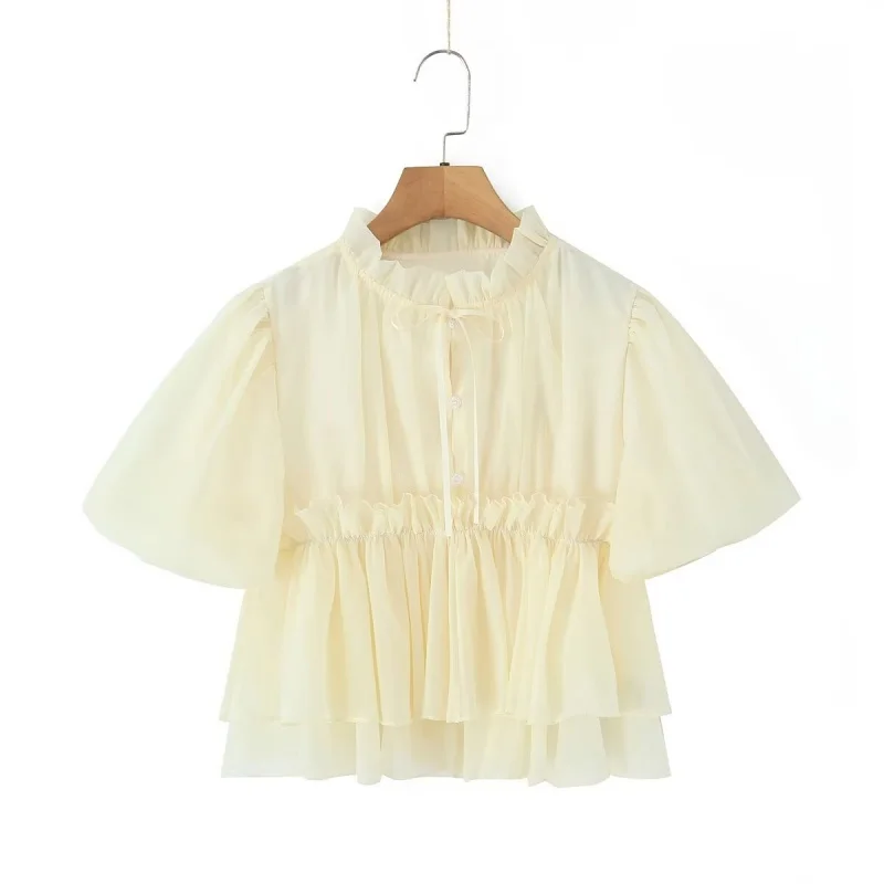 

Sweet Youthful Doll irt Bubble Sve Chiffon Top Waist Cinched Stand Collar Pleated Hem Double Layer Skirt Commute Sle L...