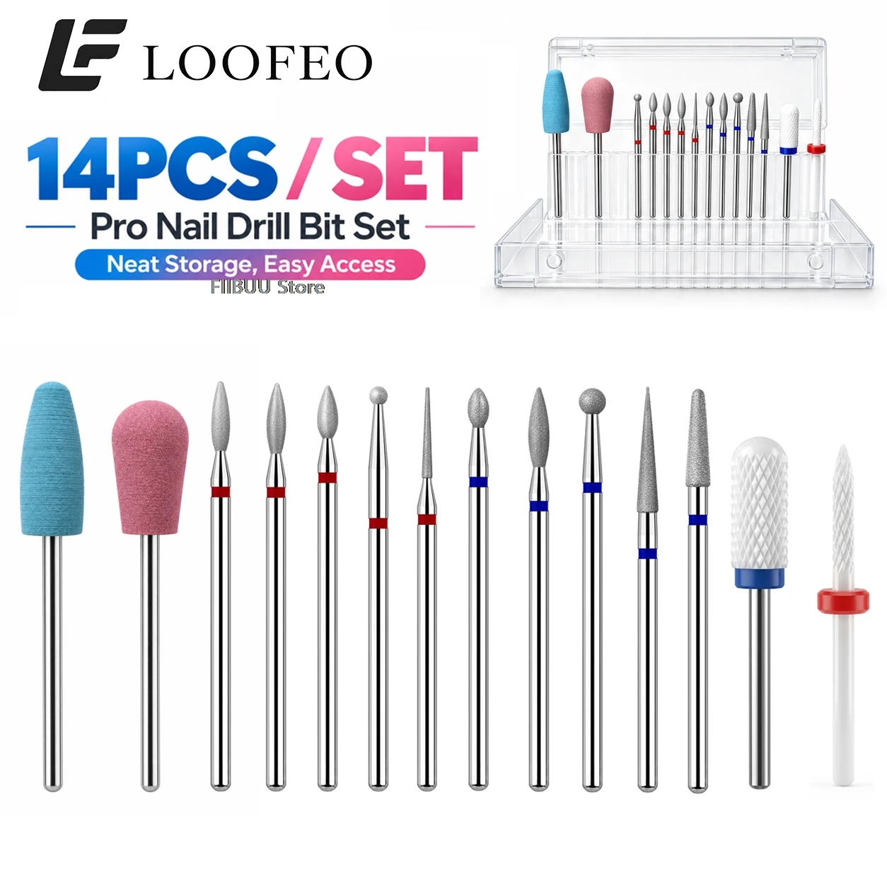14PCS Nail Drill Bits Set with Case E-File Bit Kit Milling Cutter for Manicure Nail File Accessories for Cuticle Burrs Removal
