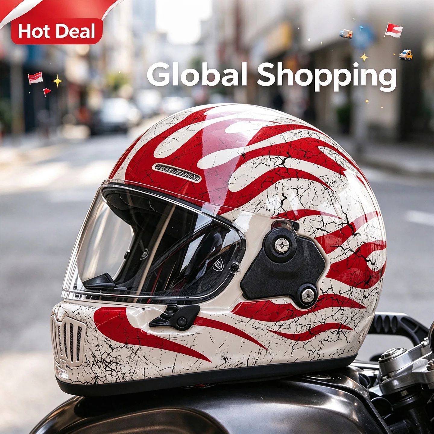 Red White Crack Flame Retro Full Face Motorcycle Helmet DOT Safety Motorbike Riding Helmet for Adult