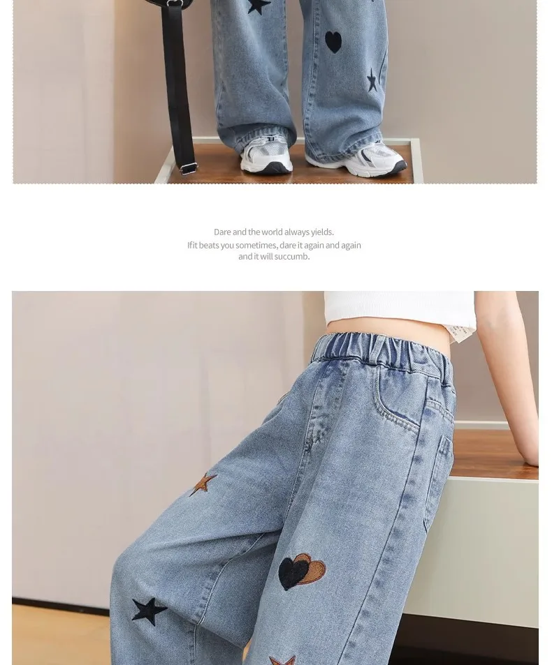 Frühling Herbst Neue Mädchen-Jeans mit Stickerei, Fünfzackiger Stern, Weite Hosen für 3-12 Jahre alte Teenager-Mädchen, Stylische Denim-Hosen mit weitem Bein – Detail 12
