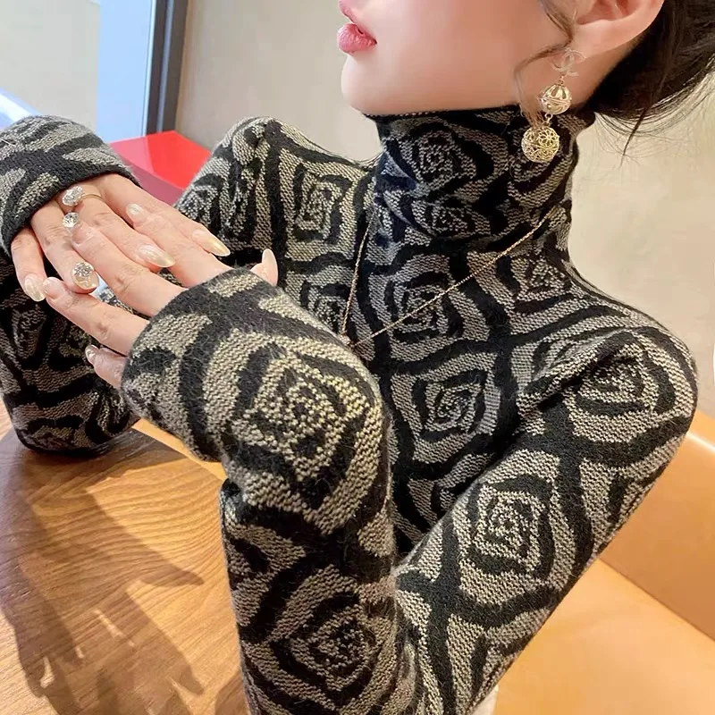 Women Clothing Slim Rose Knitted Turtleneck Vintage Sweaters Spring Autumn Long Sleeve Fashion Inside Pullovers Female Top