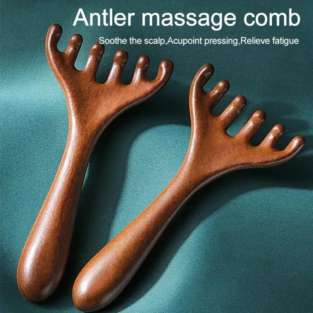 Peine de madera para masaje del cuero cabelludo, cepillo de pelo antiestático de 6 garras, cabeza Gua Sha, relajación de ojos, alivia la fatiga, masaje multiparte, 1 ud.