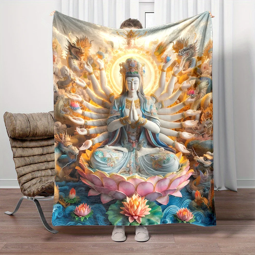 Luxurious Polyester Flannel Throw Blanket Boho Tapestry Goddess Art Asian Spiritual Buddhist Deity Mandala Lotus Flower Decorati
