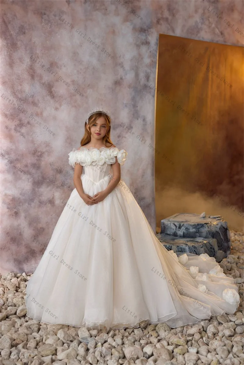 

White A Line Princess Flower Girl Dress Sexy Off Shoulder 3D Floral Wedding Gown Kids Birthday Party Pageant Gown Customized
