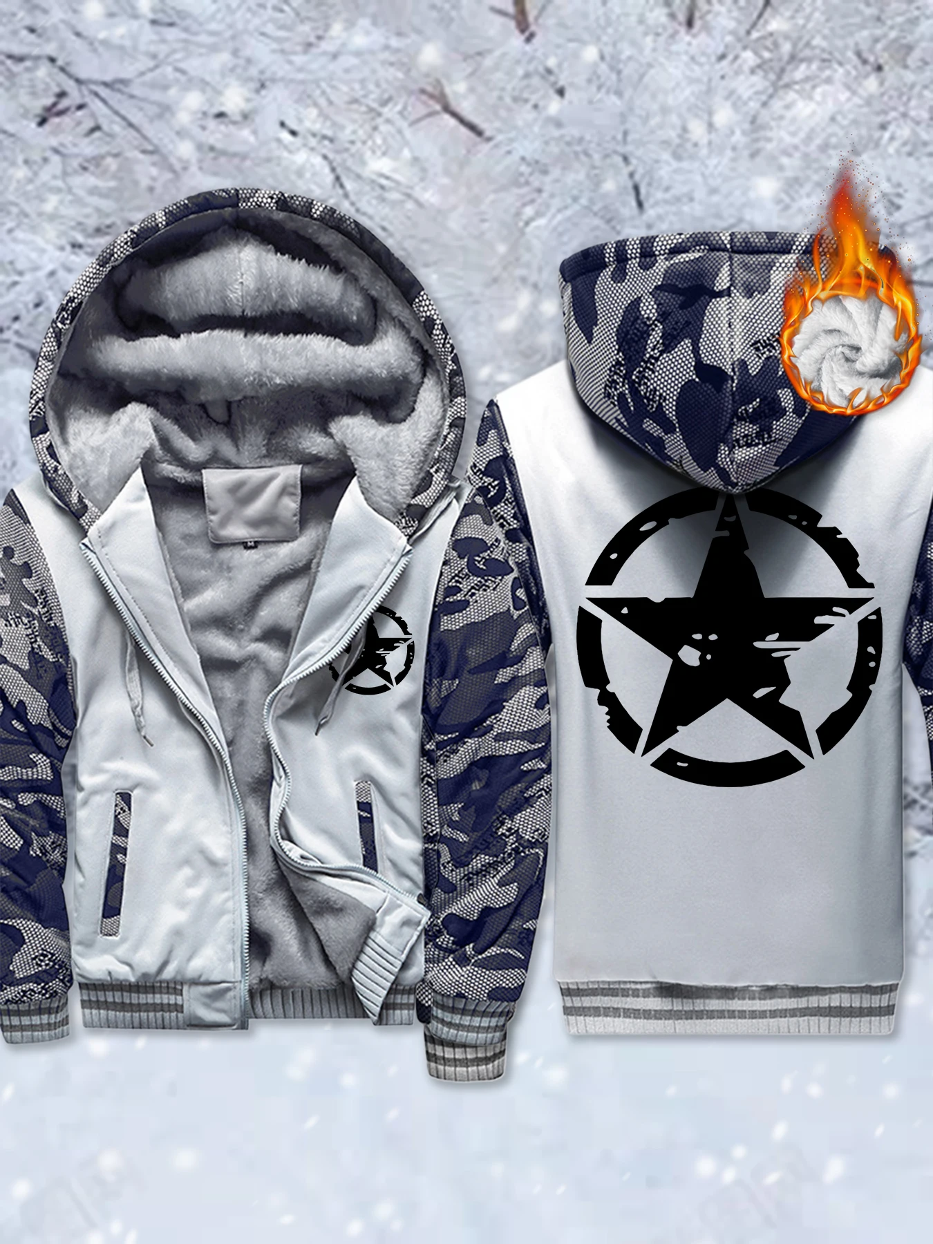 

Флисовая утепленная куртка с креативным принтом в виде круга и пентаграммы, мужская удобная верхняя одежда с карманами, зимняя толстовка на молнии, базовое теплое пальто унисекс