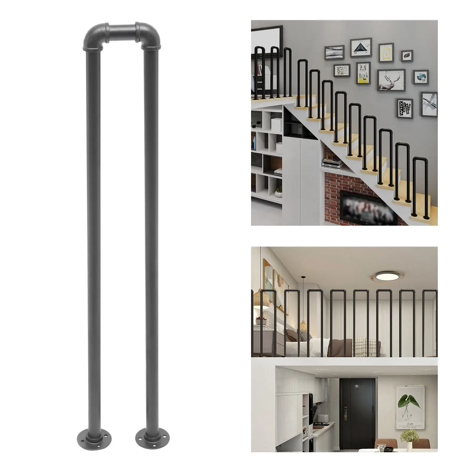 100cm Retro Non-Slip Safety Stair Handrail, Black U-Shaped Railing for Indoor/Outdoor Use