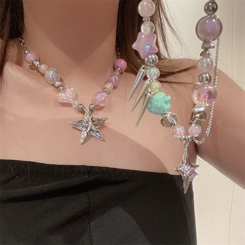 Reflective Heart Beads Star Pentagram Pendant Necklace for Women Cool Aesthetic Trendy Clavicle Chain Korean Fashion Jewelry New