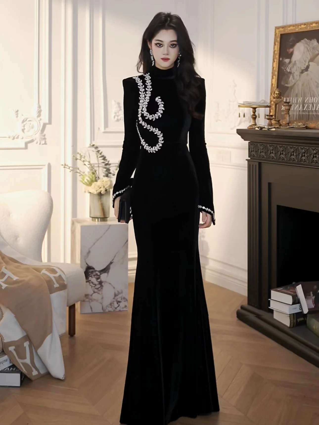 

Ele Bla Diamond Chain High Collar Long Sve Women's Dr Slimming Fi Tail Gown Luxury Faion Xuan Yan Sle