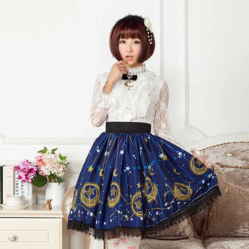 Original New Japanese Sweet Cute Lolita Skirt Blue Moon Star Print Lace Lady Pleated Rojita High-waisted Skirts Women's Clothing