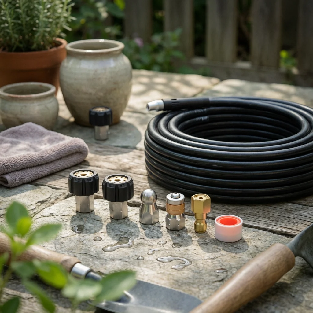 Pressure Washer Hose with Sewer Jetter Nozzle Coiled Pressure Washer Hose with Nozzles Threaded Universal for Professionals