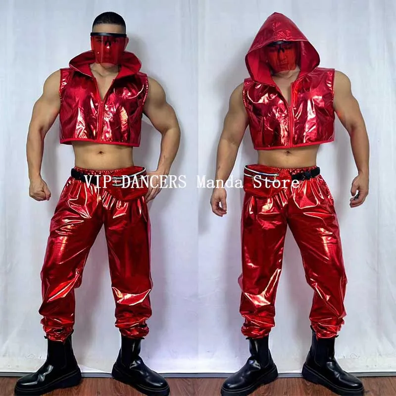 

Red Jazz Dance Costume Adult Hip Hop Dancer Stage Outfit Men Gogo Nightclub Bar Performance Clothing Festival Party Clothes 1712