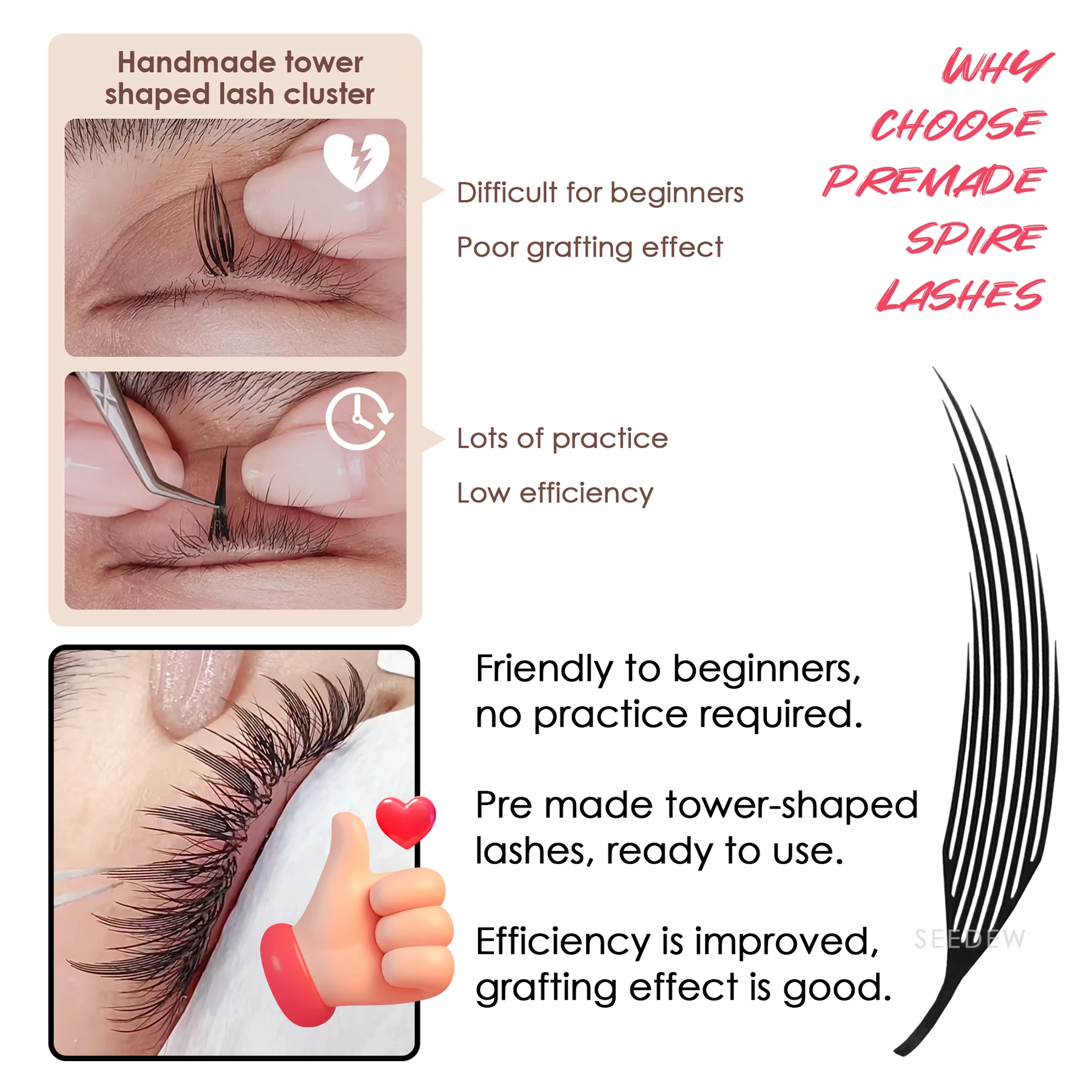 SEEDEW Premade Spire Lashes Comic-style Eyelash Extensions Trendy Lashes 0.07 C/D Curl Mix8-15mm Individual Eyelash