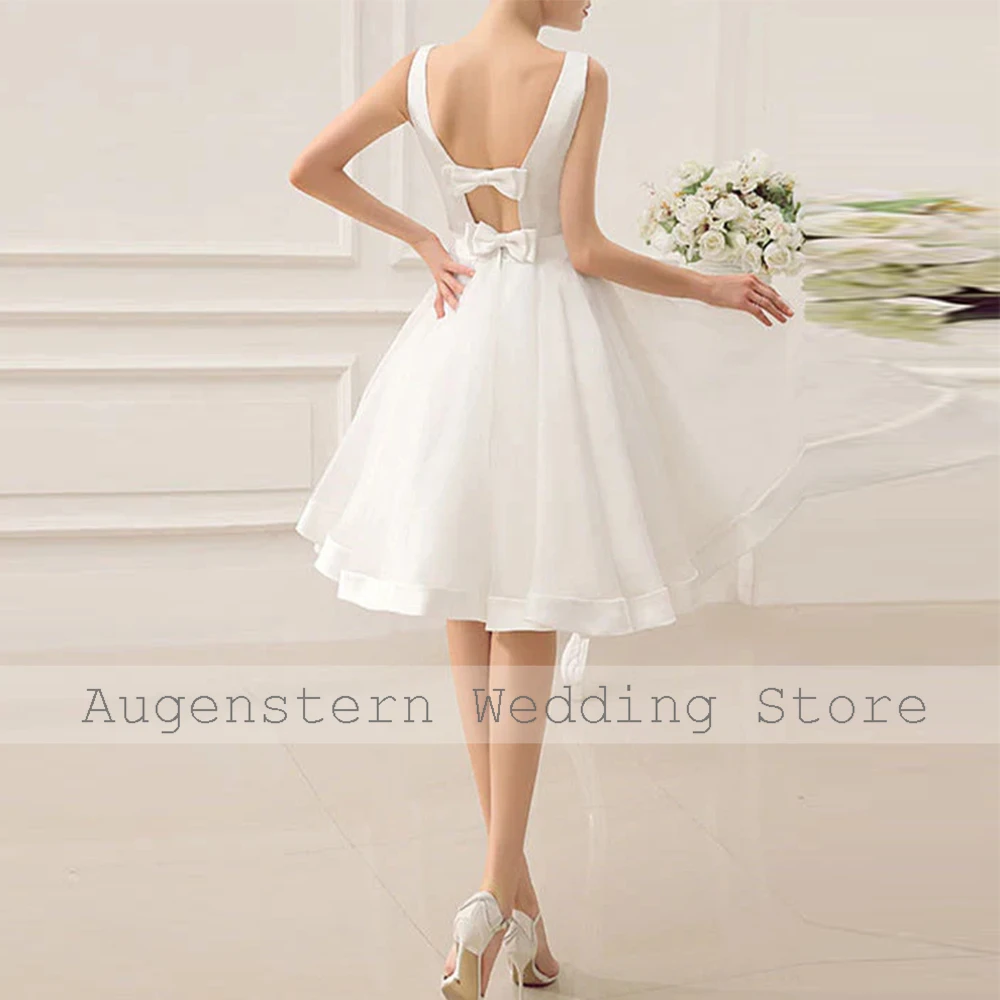 매력적인 웨딩 파티 드레스 새틴 A라인 시빌 웨딩 드레스 아이보리 보트넥 오간자 리본 주름 장식 2025 신부 드레스 여성용