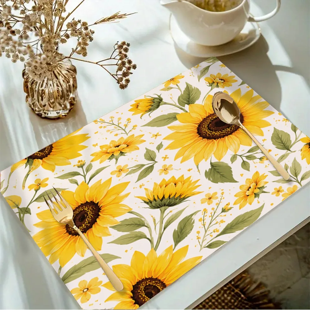 Vintage Floral Table Mats Bright Sunflower Botanical Watercolor Pattern Placemat for Rustic Home Dinner Table Decoration