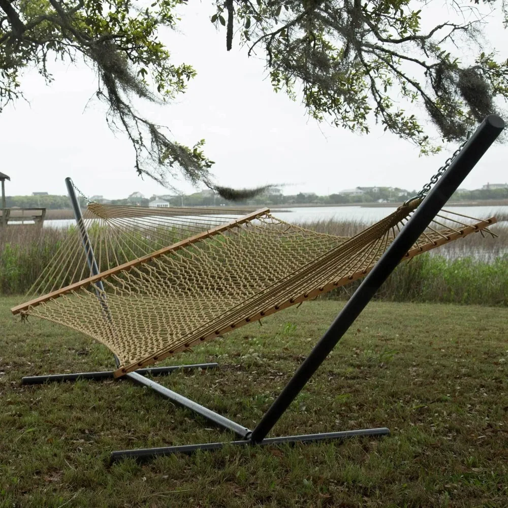 15DCTAN Presidential Tan DURACORD Rope Hammock w/Extension Chains & Tree Hooks, Handcrafted in The USA, Accommodates 2 People