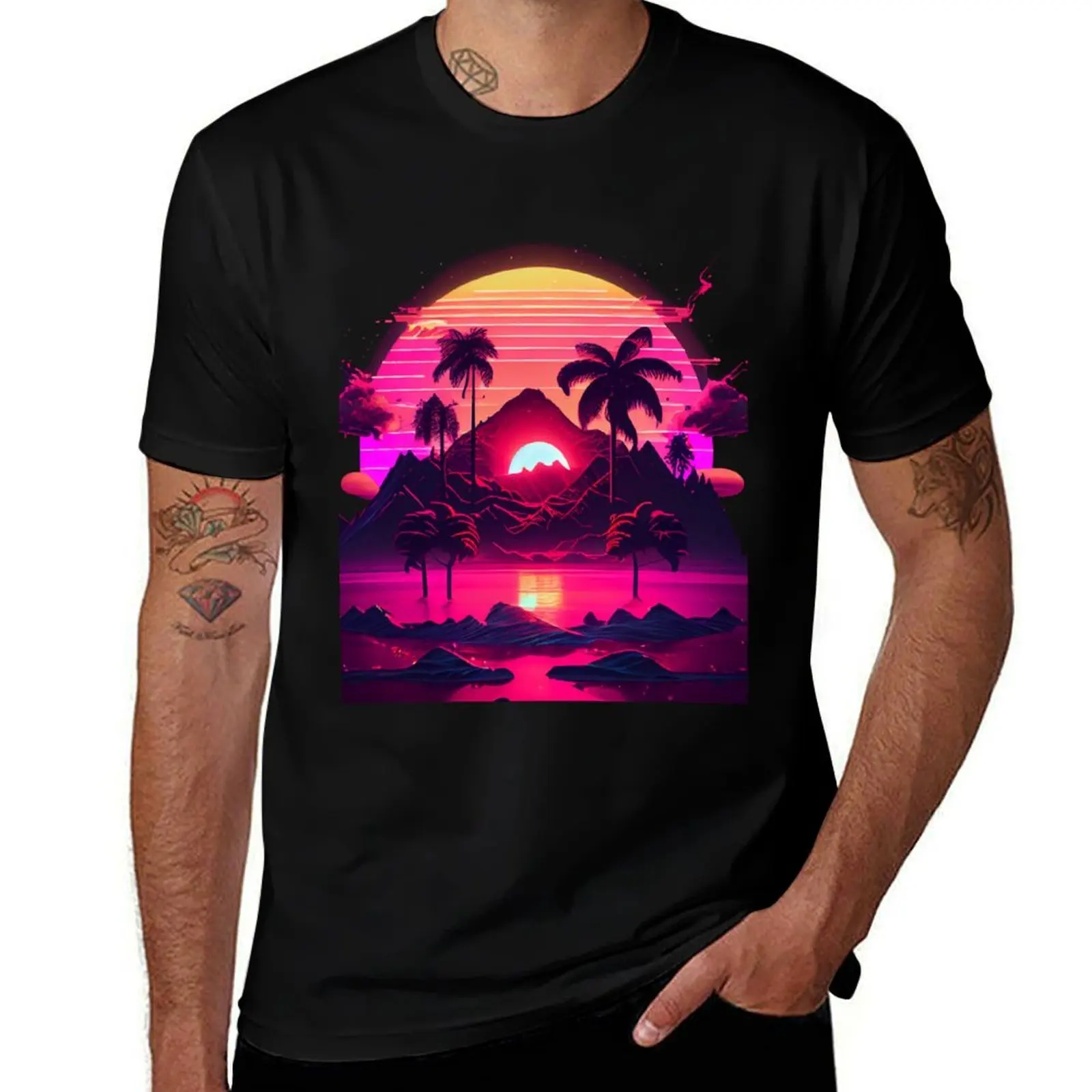 

Synthetic Visions: Sunrise by the Sea T-Shirt Simple Solid Color Crew Neck Tee