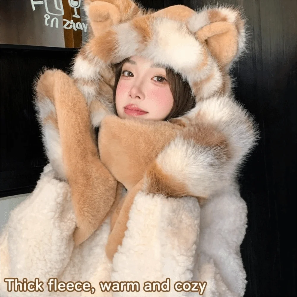 3-in-1 Design Hat Scarf Gloves Set Faux Fur Thick Hooded Scarf Gloves Combo Fluffy Soft Windproof Warm Lining