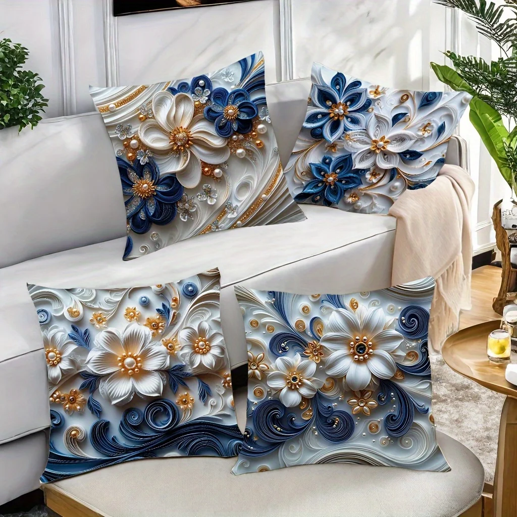 4pcs Elegant Floral Pillow Covers – Luxe Blue, White & Gold Design, Perfect for Living Room & Holiday Home Decor