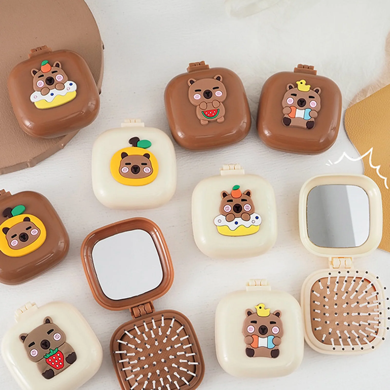 مشط وسادة الجيب، مشط وسادة هوائية بنمط كابيبارا الكرتوني الجميل، مشط تدليك قابل للطي مع مرآة محمولة تعمل باللمس