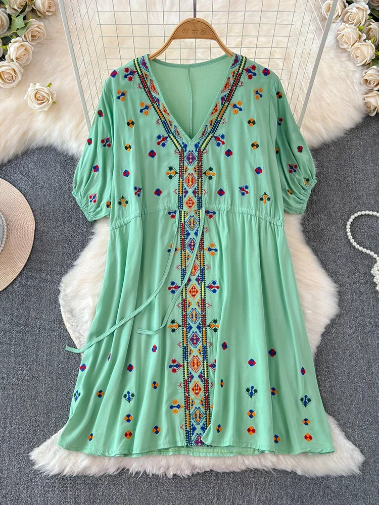 Ethnic Style Dress 2024 Summer New Style Embroidered Drawstring Mini Dress Bohemian Beach Dress A109