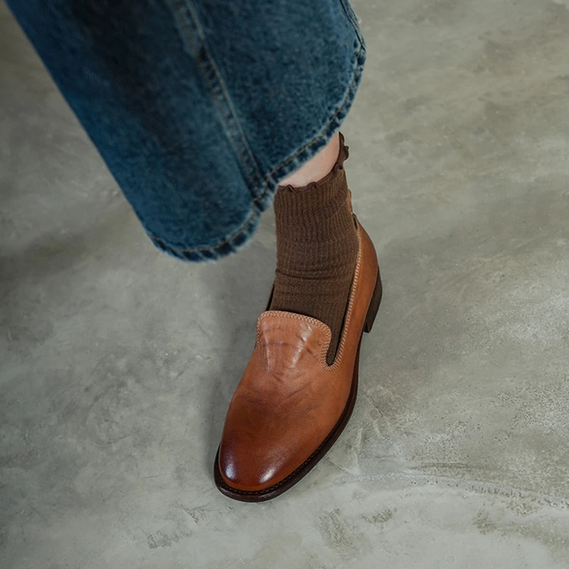 NEW Spring/Autumn Women Loafers Genuine Leather Shoes Women Round Toe Chunky Heel Shoes Concise Slip-on Women Pumps Daily Shoes