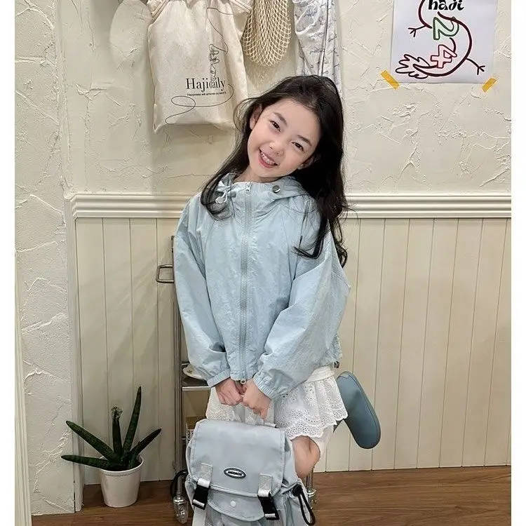 

Girls' Korean Style Trench Coat 2025 Summer New Style Children's Fashion Casual Hooded Sun Protection Jacket