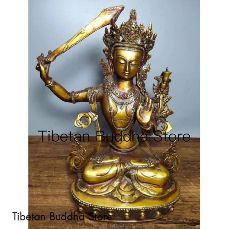 Old Tibet Bronze Inlay Gem Wenshu Manjushri Manjusri Boddhisattva Goddess Statue