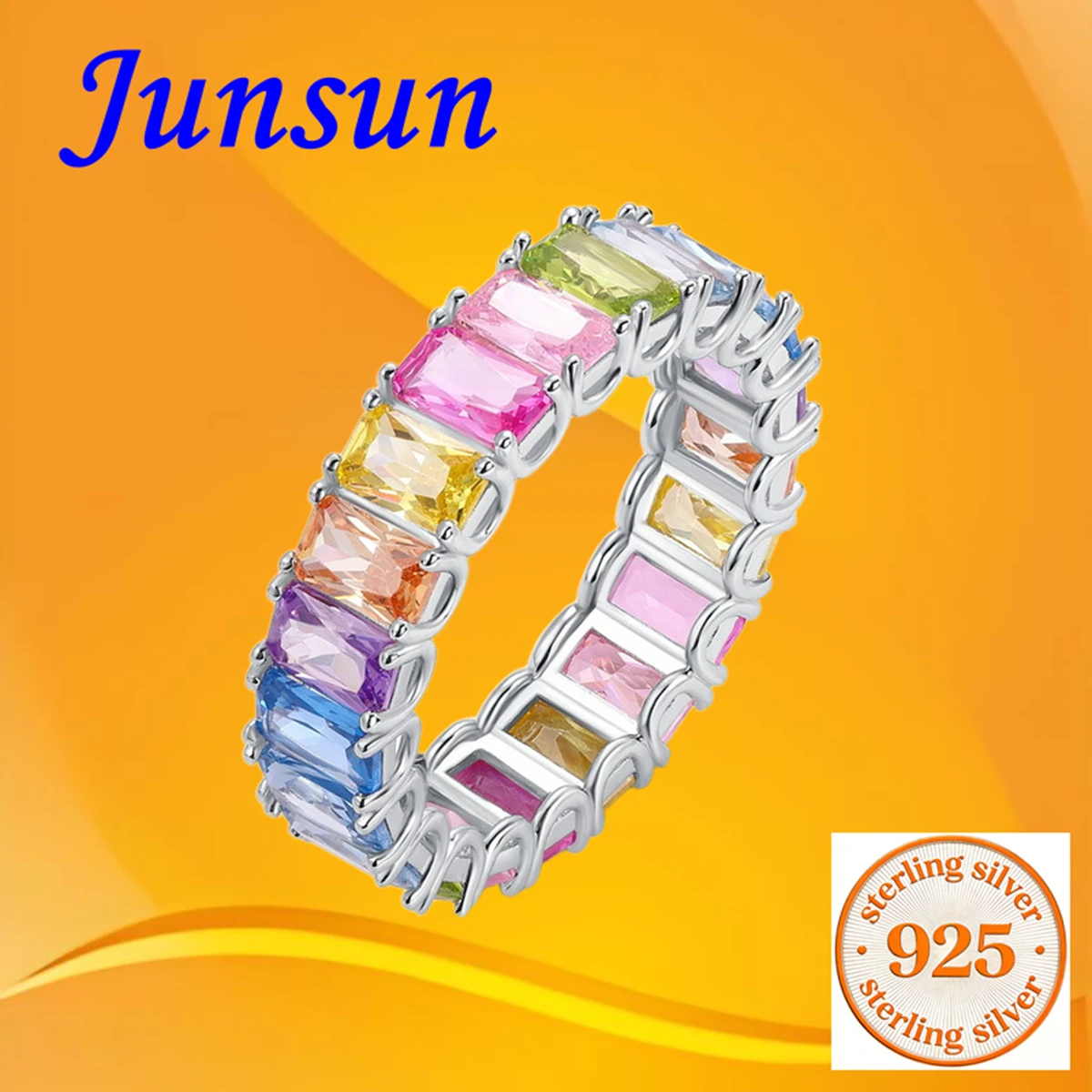 

Junsun Rainbow Zircon Ring Female S925 Silver Single Row Inlaid Colorful Treasure Ring Light Luxury Fashion