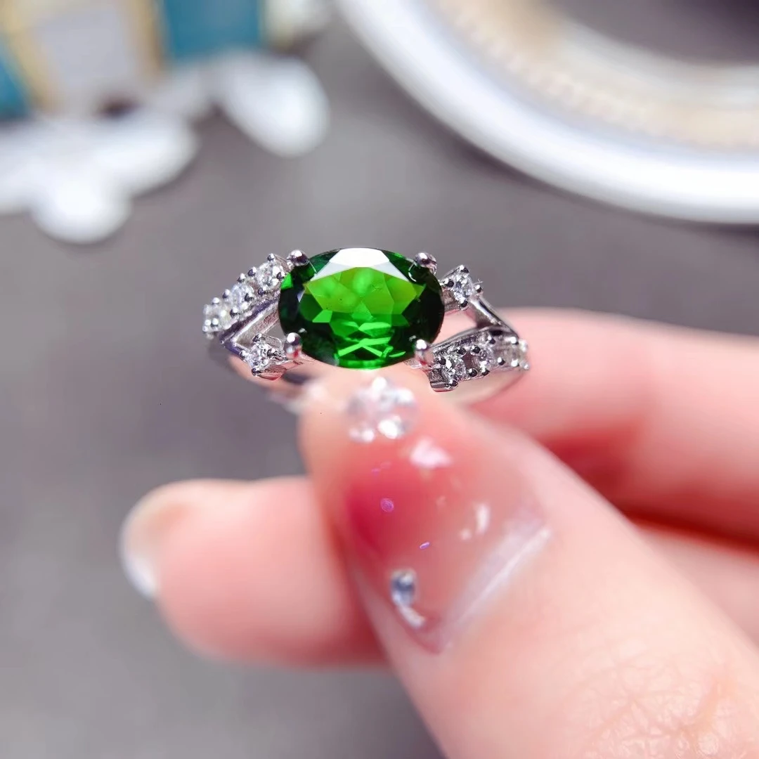 

Natural Chrome Diopside Ring 6mm*8mm 1ct Dark Green Diopside 925 Silver Ring for Daily Wear 18K Gold Plated Gemstone Jewelry