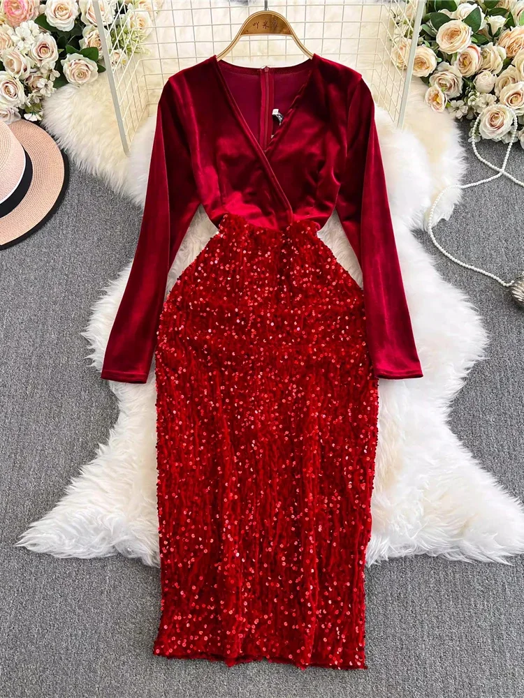 Autumn Women Black/Red Sequins Velvet Party Midi Dress Vintage V-Neck Long Sleeve Slim Bodycon Vestidos Elegant New Fashion Robe