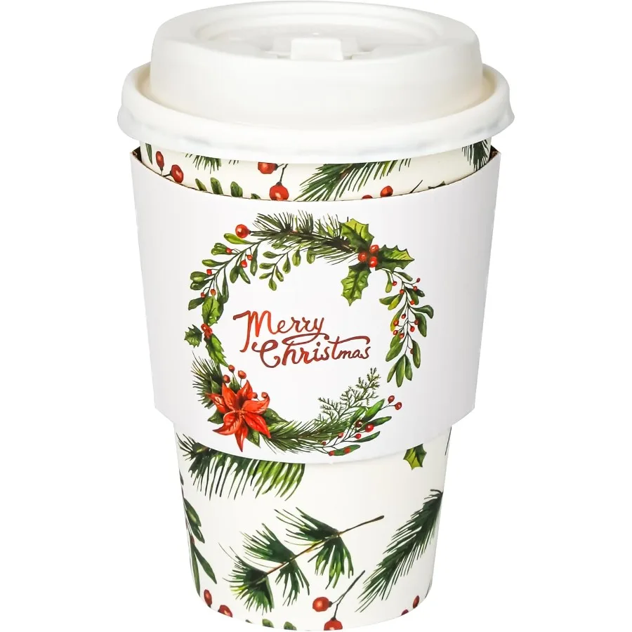 

50 шт. одноразовые кофейные чашки из ягодской сосны на Рождество, 12 унций, красные, зеленые, зеленые, бумажные стаканчики для питья с крышками и рукавами I