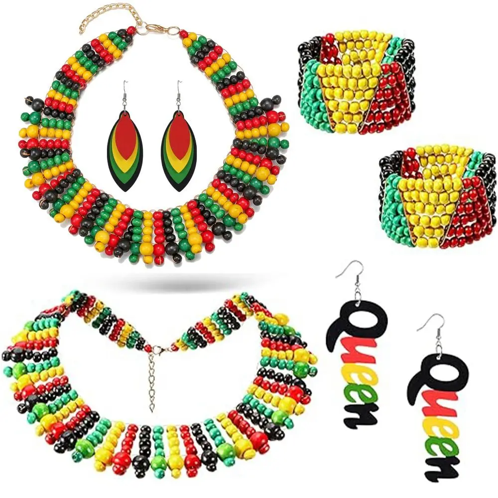 Colorful Beads Jamaican Necklace Earrings Set Multicolor Wooden Beads Choker Woven African Women's String Collar Charm