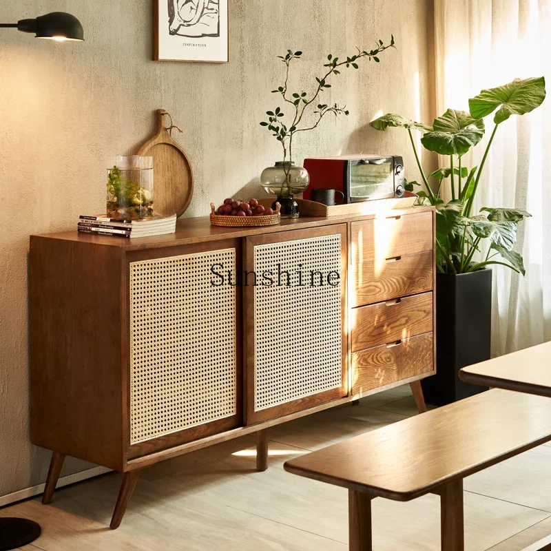 Household walnut solid wood dining side cabinet living room sliding door rattan locker