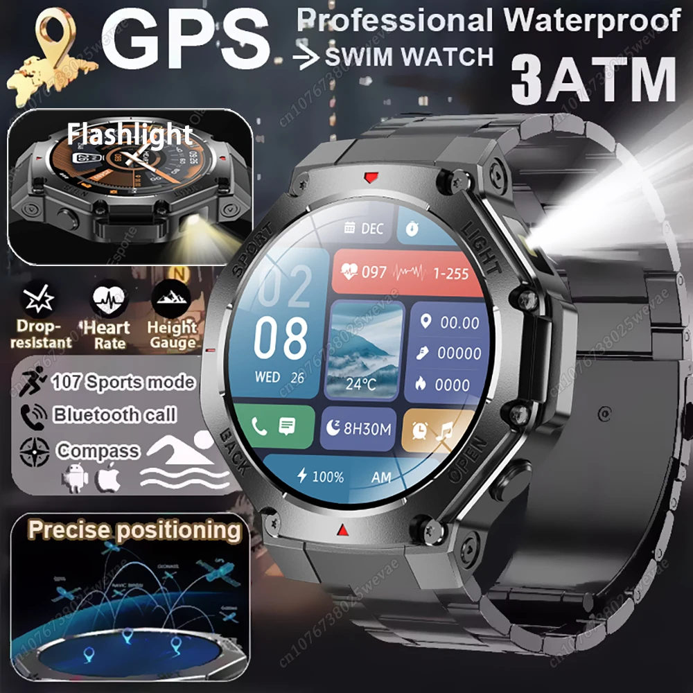 

Новые военные GPS Смарт-часы Мужские фонарики Компас Водонепроницаемый уличный монитор здоровья Bluetooth Вызов Спорт Фитнес Смарт-часы