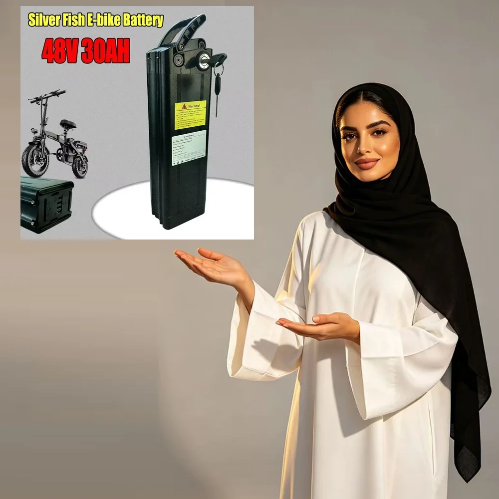 🎊 💯 18650 48V 30AH Lithium ion  Battery Pack for Silver Fish Style Bike Battery with Aluminum Case Anti-theft Lock
