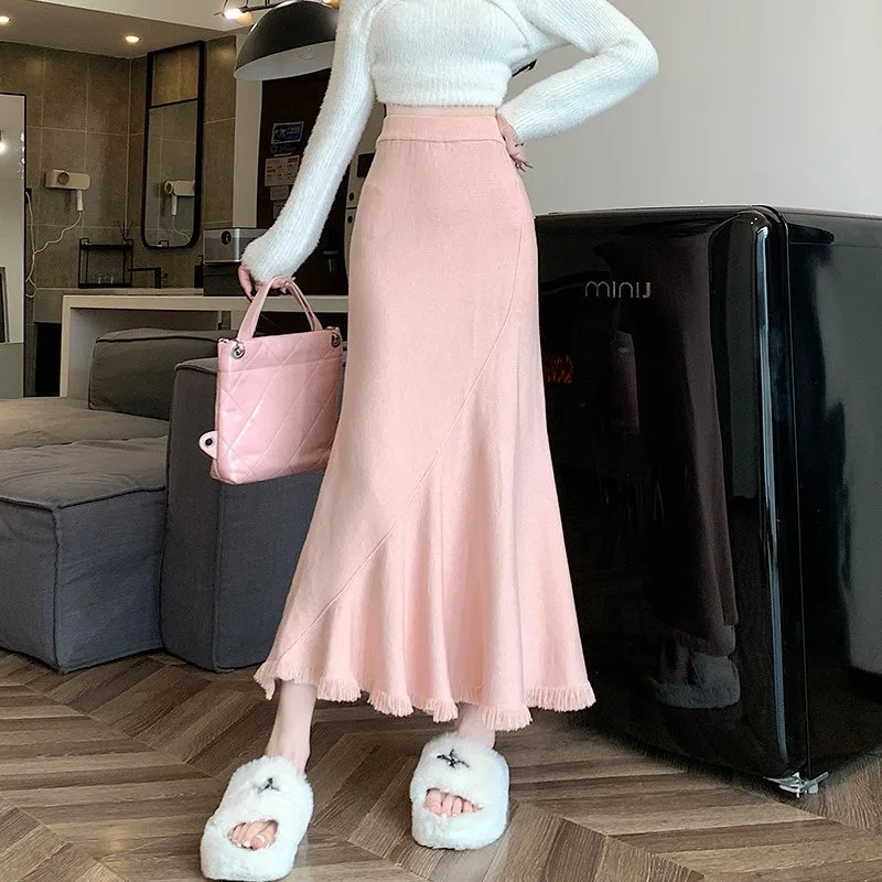 Women Autumn Knit Mermaid Skirt High Waist Fringe Hem A Line Swing Skirt Slim Fit Long Skirt