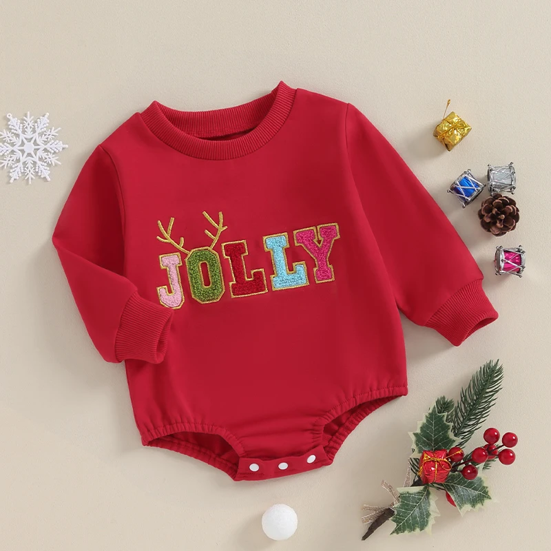 Macacão infantil de inverno com bordado de rena e mangas compridas para celebração de Natal – roupa de férias para recém-nascidos