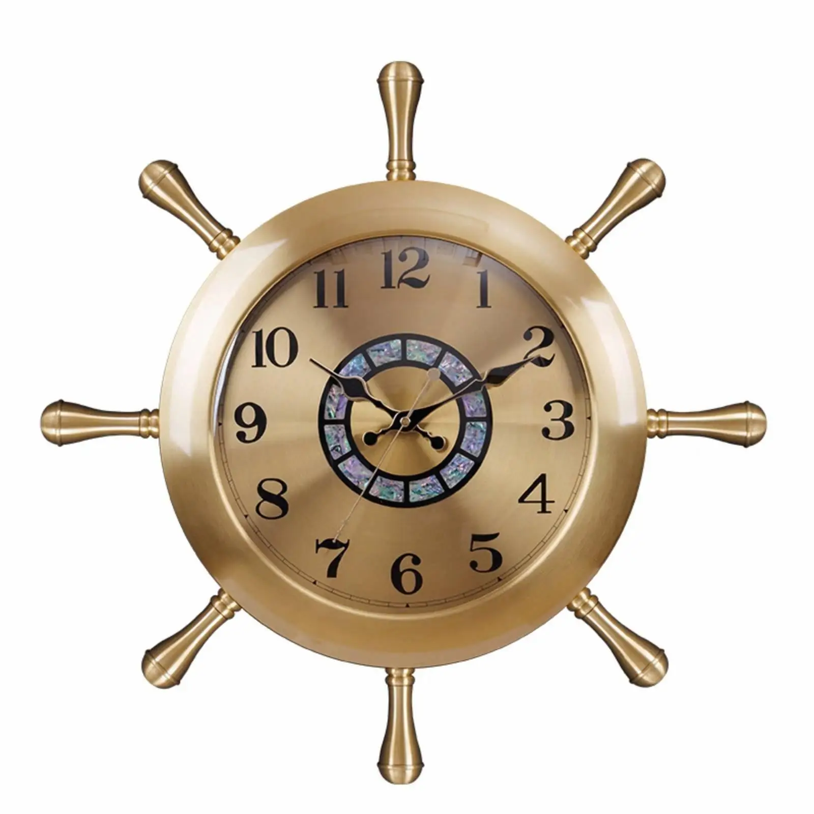 Luxury Brass Wall Clock Ship Wheel Style Gold Toned Face with Multicolor Accent Band for Living Room Bedroom Hallway
