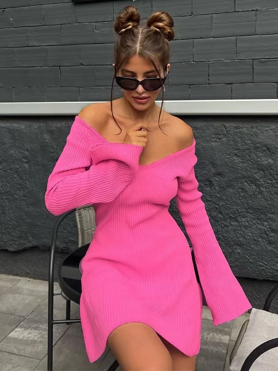 2024 New Autumn Elegant Ribbed Knit A-Line Mini Dress Women Fashion Club Outfits For Female Jersey V Neck Sweater Dresses Chic