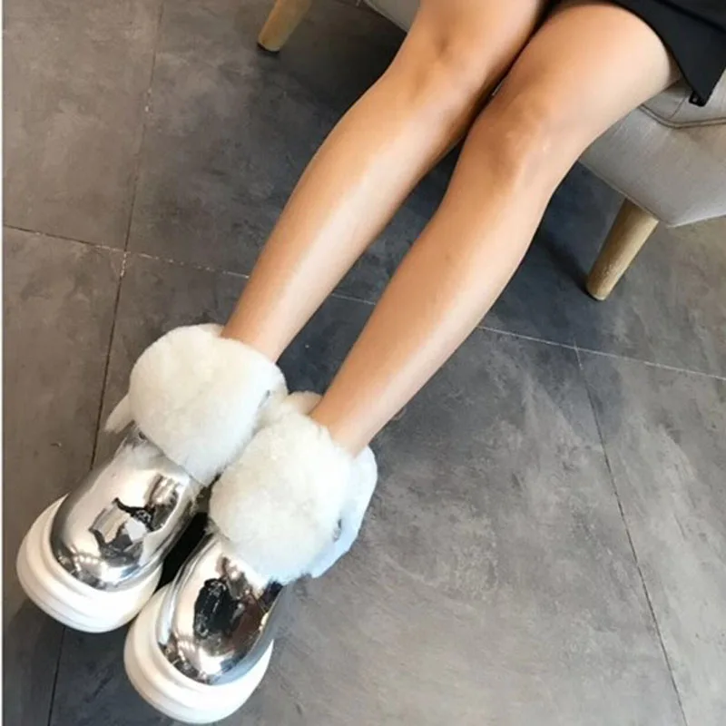 Silver Bling Wool Fur Lace -Up Snow Boots Round Toe Thick Sole Winter Fur Booties Patent Leather Women Fur Shoes